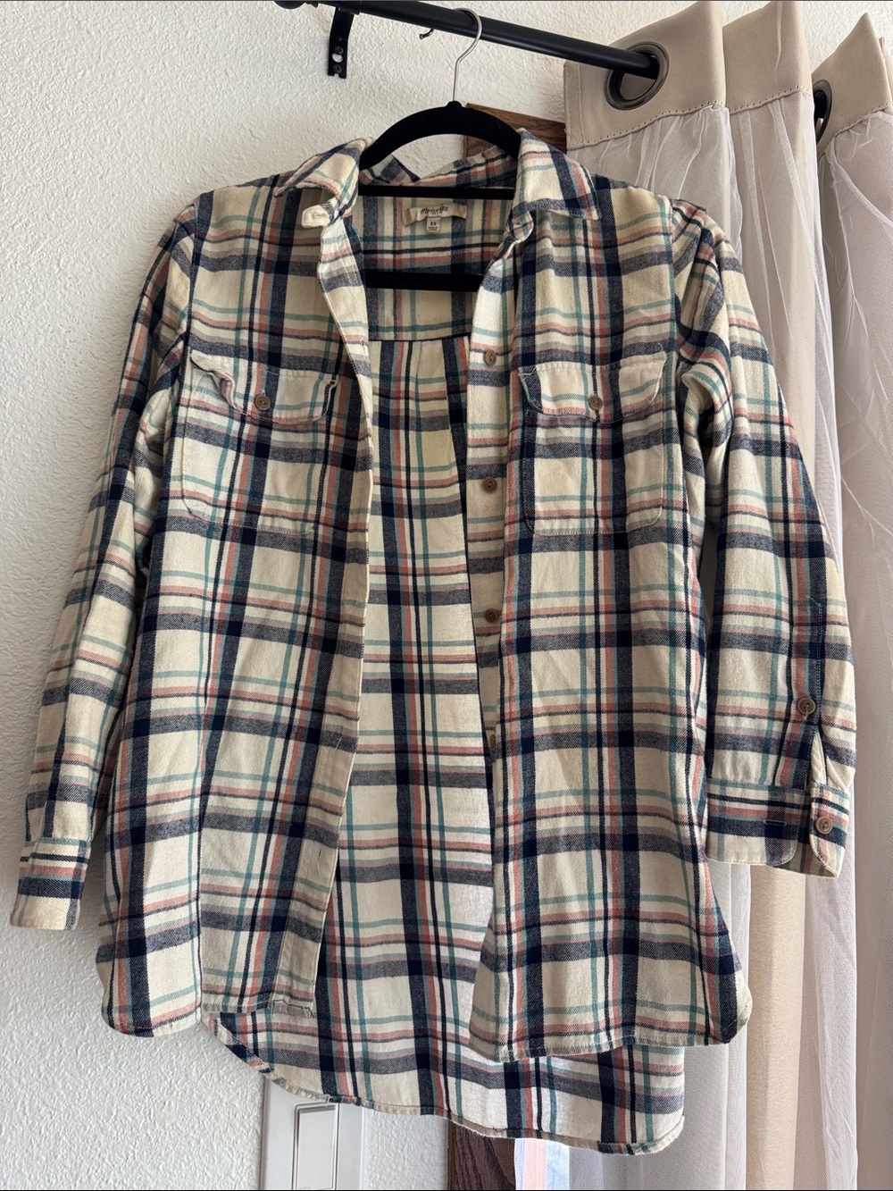 Madewell Cream Plaid Shirt with Navy, Teal & Rust Stripes